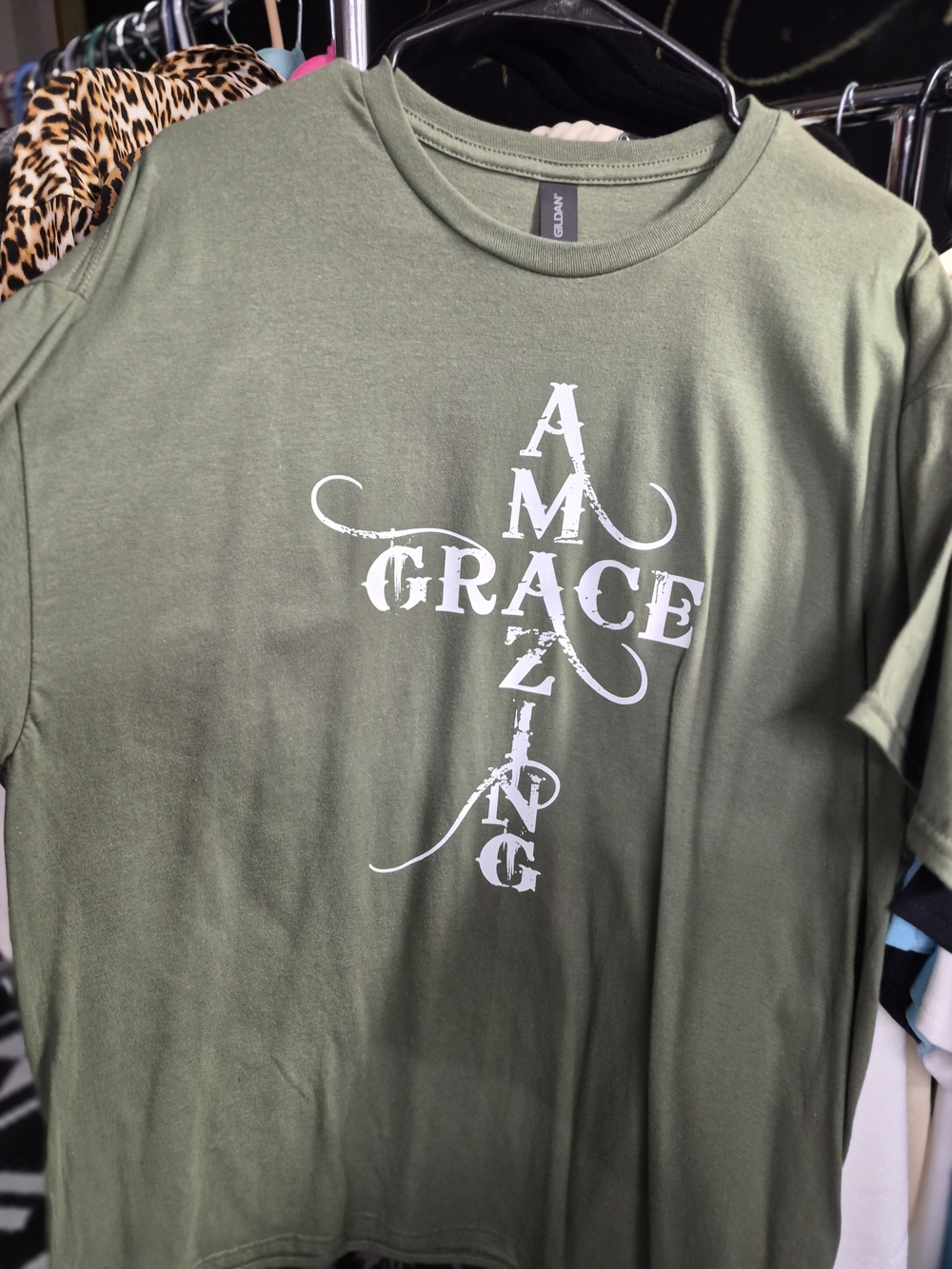 Gildan Olive Green Graphic Tee with White 'Amazing Grace' Cross Men Or Womens